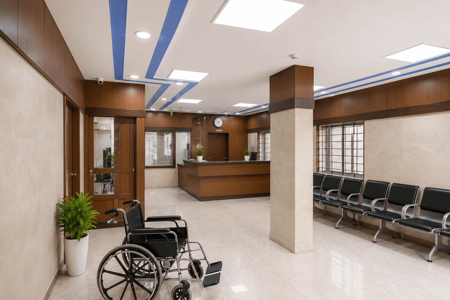 Hospital corridor and patient transit area at Samjaya Healthcare.