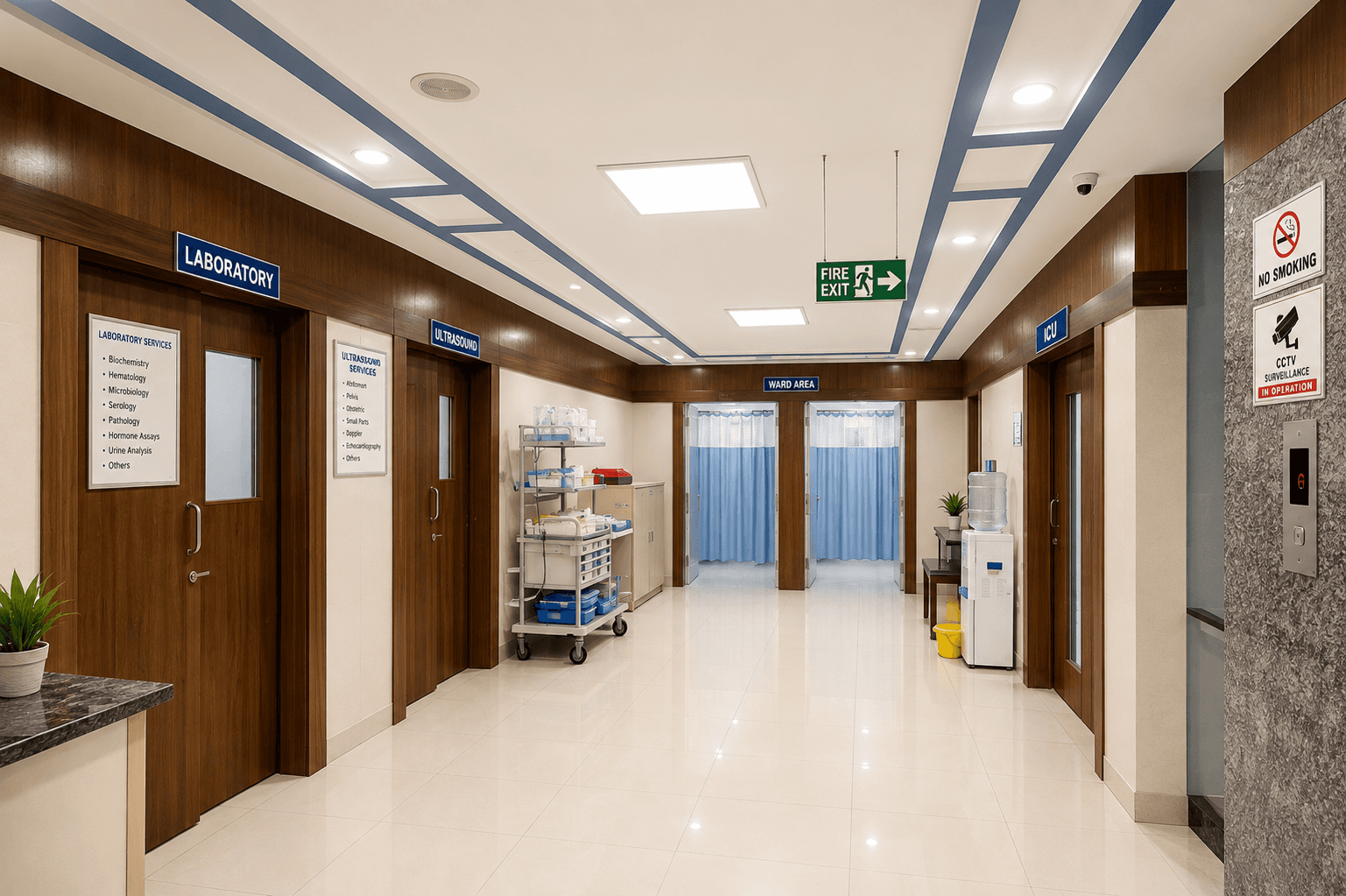 Hospital corridor and patient transit area at Samjaya Healthcare.