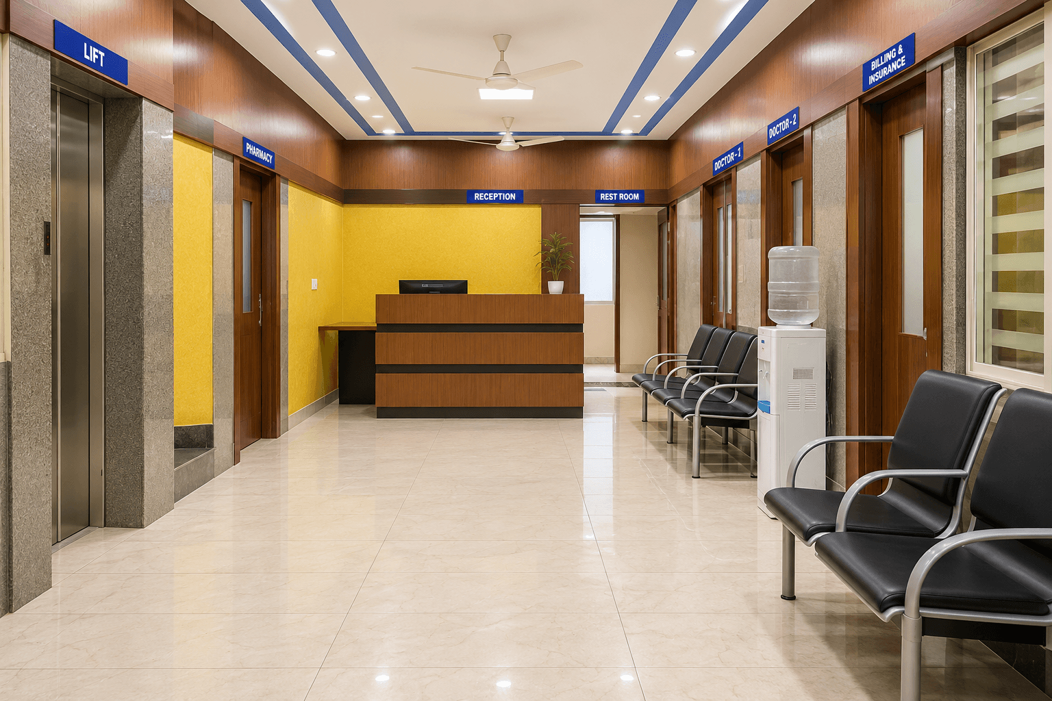 Hospital corridor and patient transit area at Samjaya Healthcare.