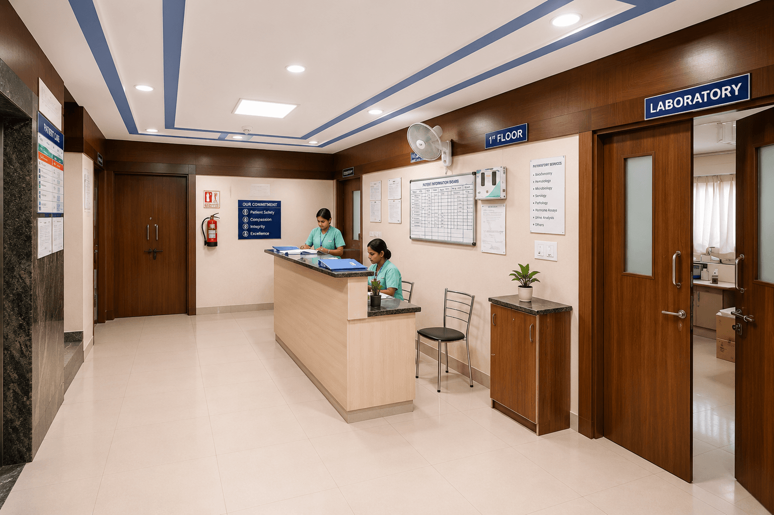 Hospital corridor and patient transit area at Samjaya Healthcare.