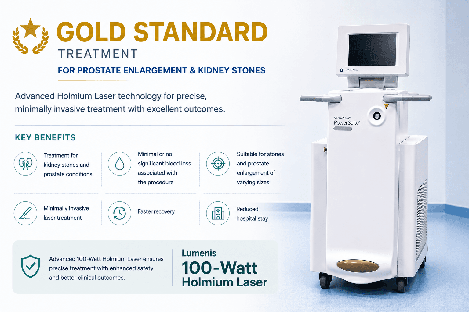 Preview graphic for the Urology department, showing the 100-Watt Holmium Laser alongside "Gold Standard Treatment for Prostate Enlargement & Kidney Stones" and its key benefits.