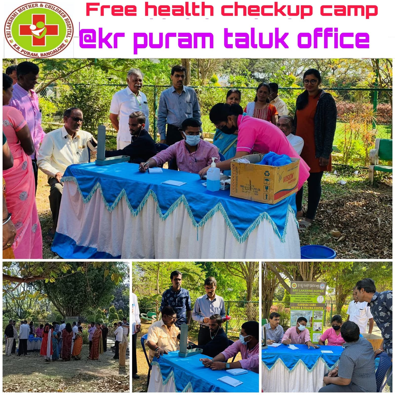 A collage from the free health checkup camp held at KR Puram Taluk Office, organised by Sri Lakshmi Mother & Children Hospital.