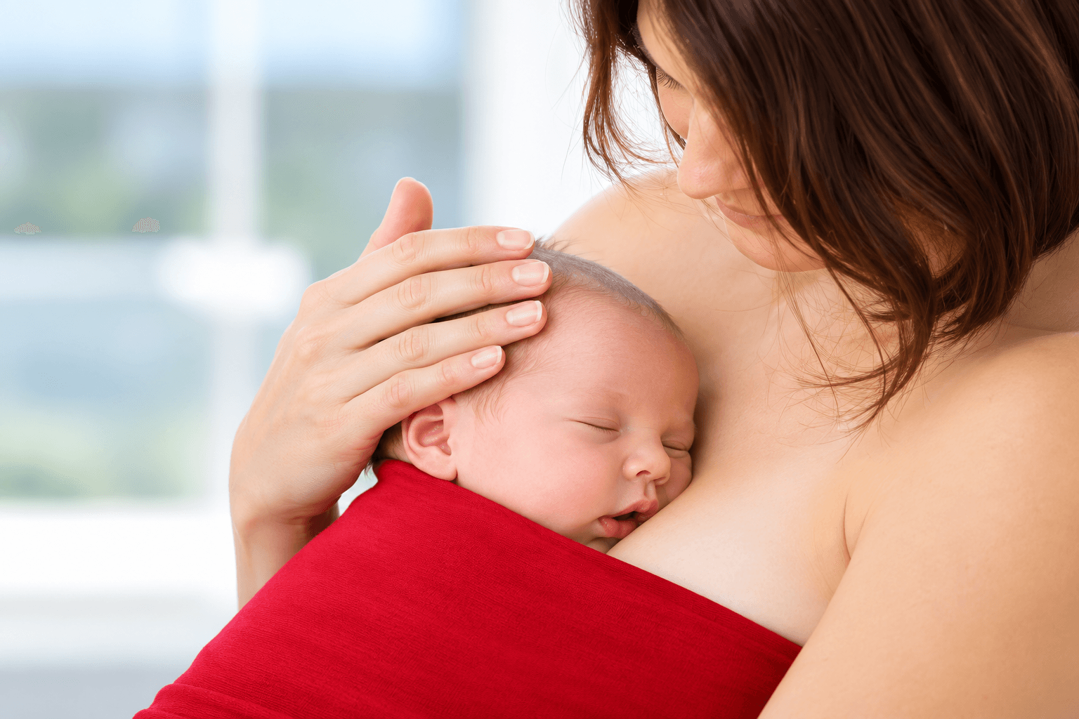 A mother holding her newborn against her bare chest for skin-to-skin contact.