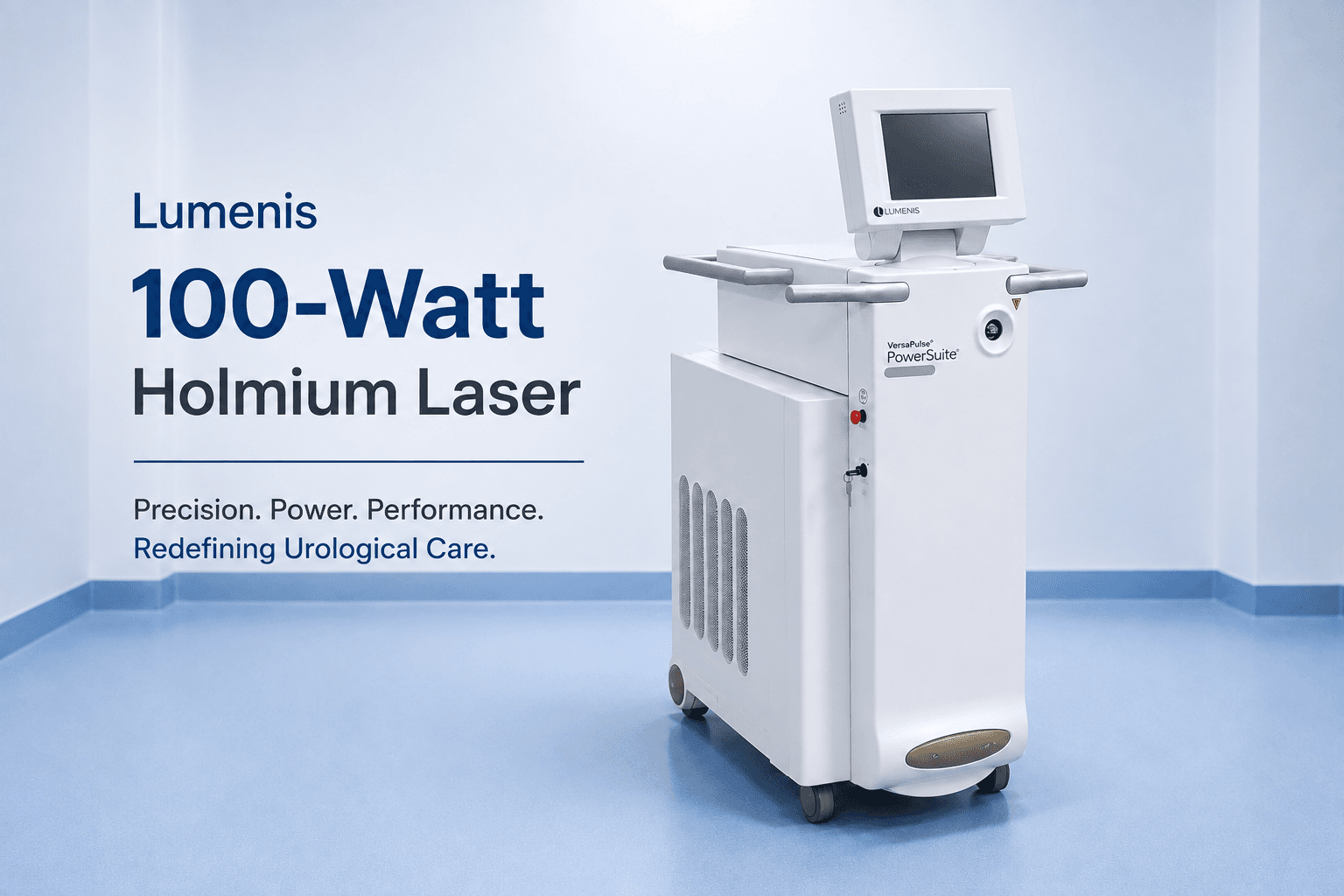 Branded graphic for the Lumenis 100-Watt Holmium Laser, reading "Precision. Power. Performance. Redefining Urological Care." beside a photograph of the laser console.